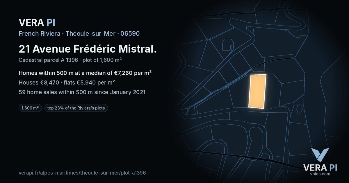 21 Avenue Frédéric Mistral, Théoule-sur-Mer at night – the plot lit, the parcels around coloured by the prices near them