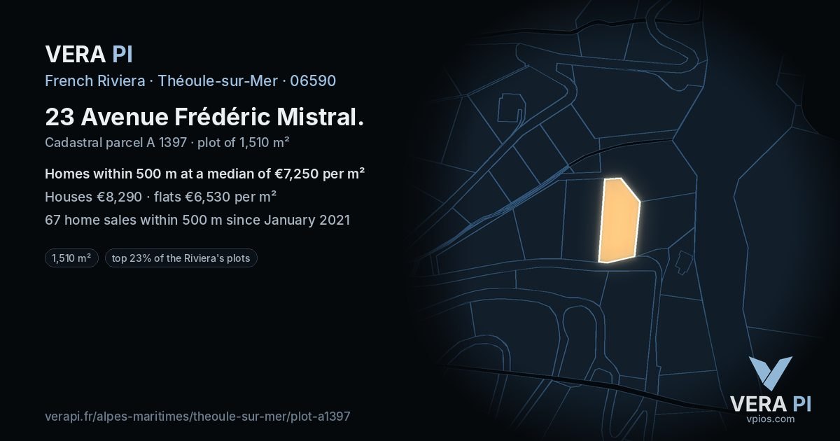 23 Avenue Frédéric Mistral, Théoule-sur-Mer at night – the plot lit, the parcels around coloured by the prices near them