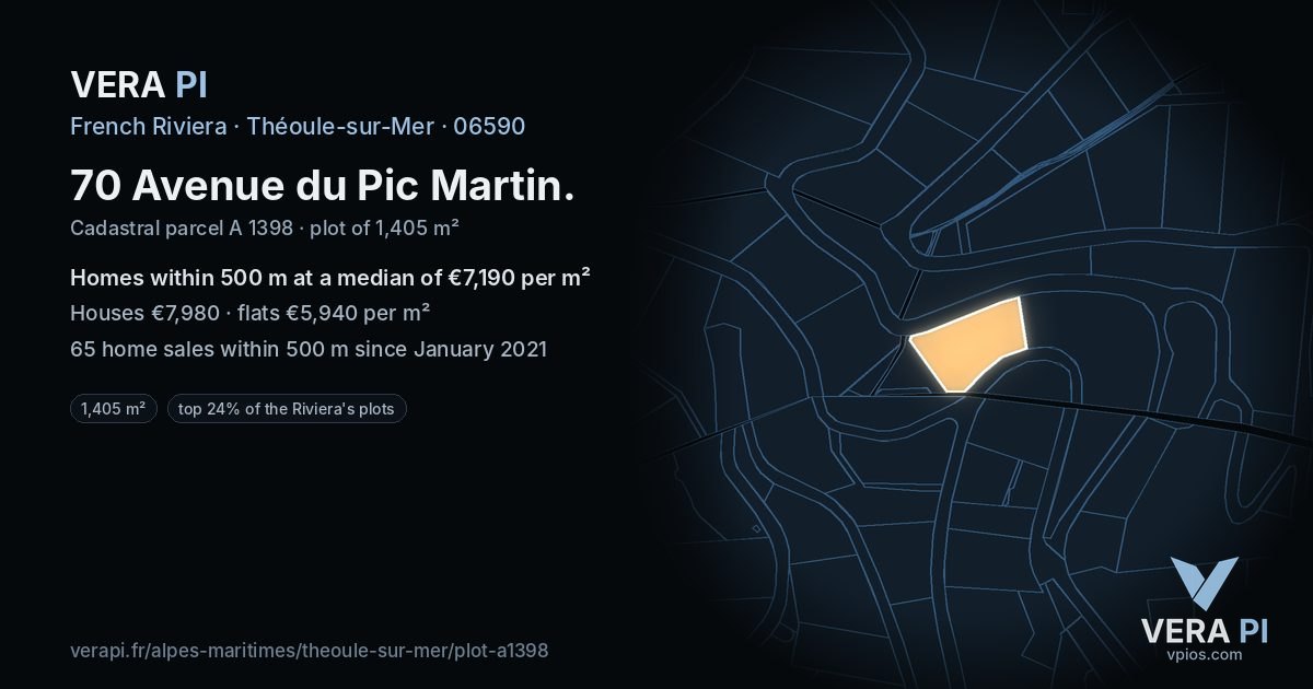 70 Avenue du Pic Martin, Théoule-sur-Mer at night – the plot lit, the parcels around coloured by the prices near them
