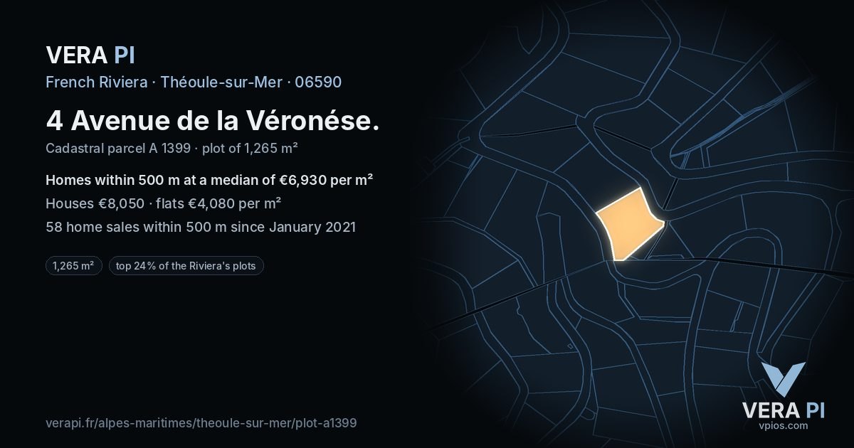 4 Avenue de la Véronése, Théoule-sur-Mer at night – the plot lit, the parcels around coloured by the prices near them