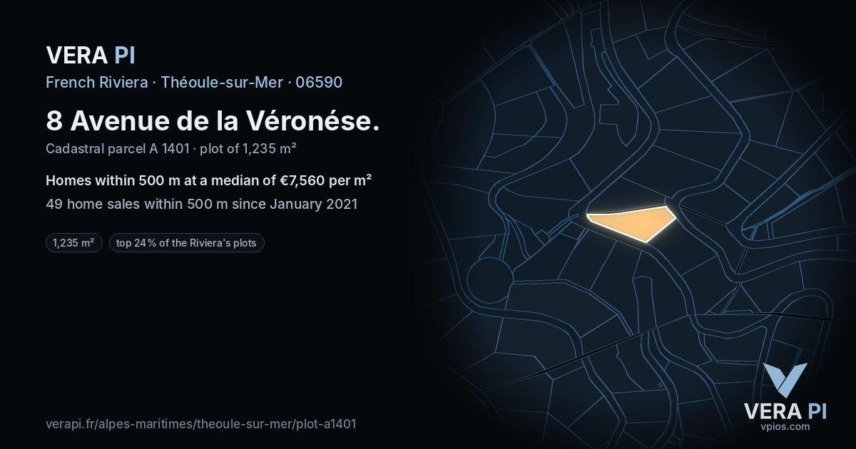 8 Avenue de la Véronése, Théoule-sur-Mer at night – the plot lit, the parcels around coloured by the prices near them