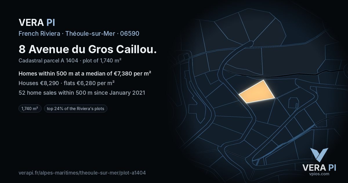 8 Avenue du Gros Caillou, Théoule-sur-Mer at night – the plot lit, the parcels around coloured by the prices near them