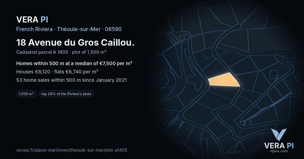 18 Avenue du Gros Caillou, Théoule-sur-Mer at night – the plot lit, the parcels around coloured by the prices near them