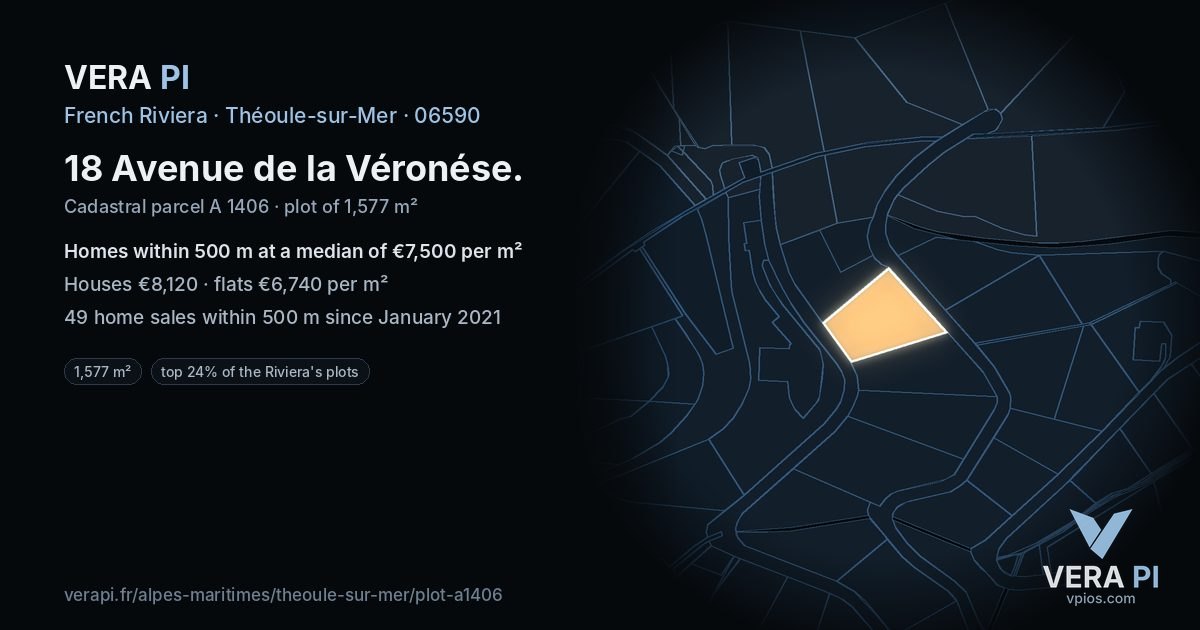 18 Avenue de la Véronése, Théoule-sur-Mer at night – the plot lit, the parcels around coloured by the prices near them