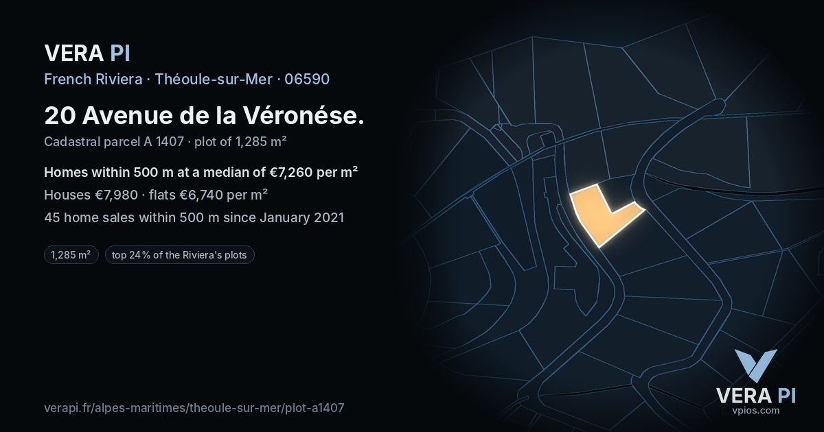 20 Avenue de la Véronése, Théoule-sur-Mer at night – the plot lit, the parcels around coloured by the prices near them