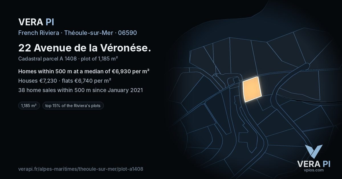22 Avenue de la Véronése, Théoule-sur-Mer at night – the plot lit, the parcels around coloured by the prices near them