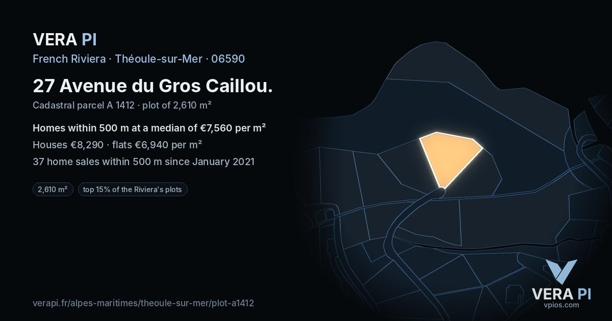 27 Avenue du Gros Caillou, Théoule-sur-Mer at night – the plot lit, the parcels around coloured by the prices near them
