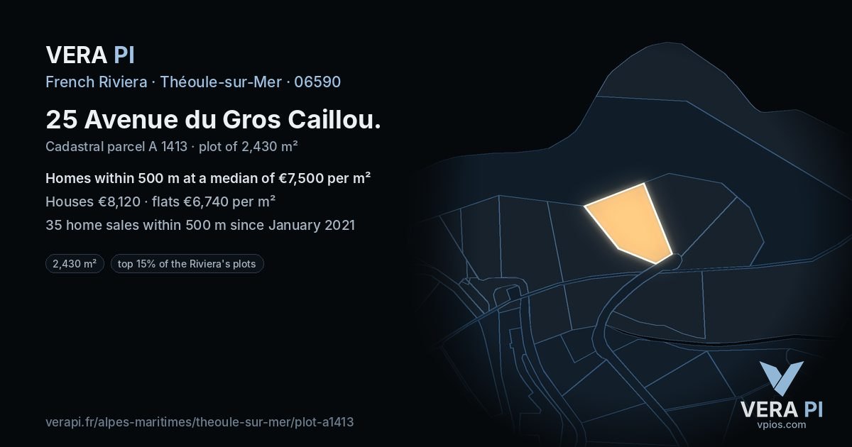 25 Avenue du Gros Caillou, Théoule-sur-Mer at night – the plot lit, the parcels around coloured by the prices near them