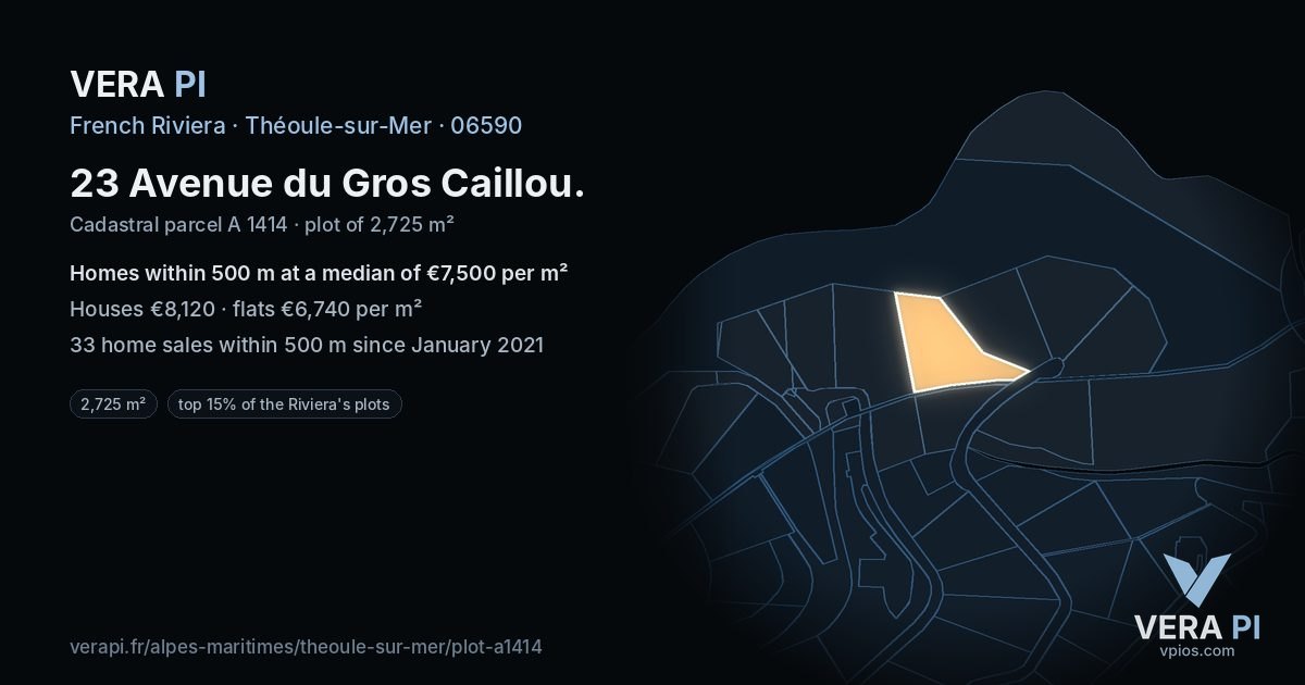 23 Avenue du Gros Caillou, Théoule-sur-Mer at night – the plot lit, the parcels around coloured by the prices near them
