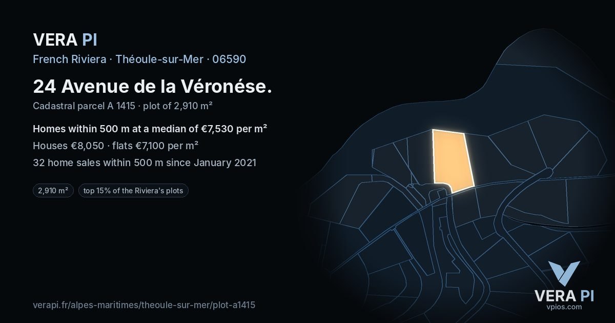 24 Avenue de la Véronése, Théoule-sur-Mer at night – the plot lit, the parcels around coloured by the prices near them