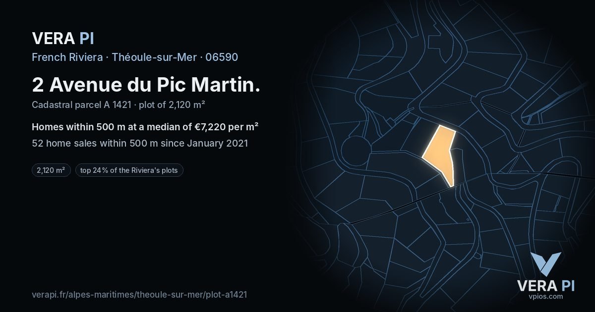 2 Avenue du Pic Martin, Théoule-sur-Mer at night – the plot lit, the parcels around coloured by the prices near them