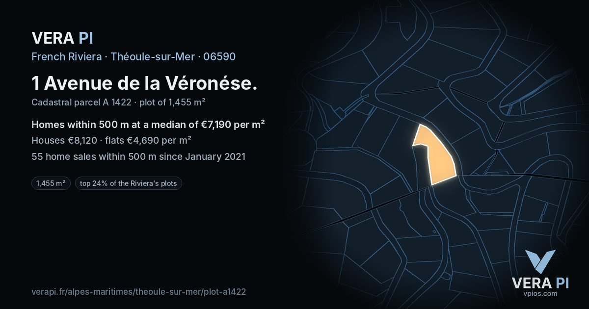 1 Avenue de la Véronése, Théoule-sur-Mer at night – the plot lit, the parcels around coloured by the prices near them