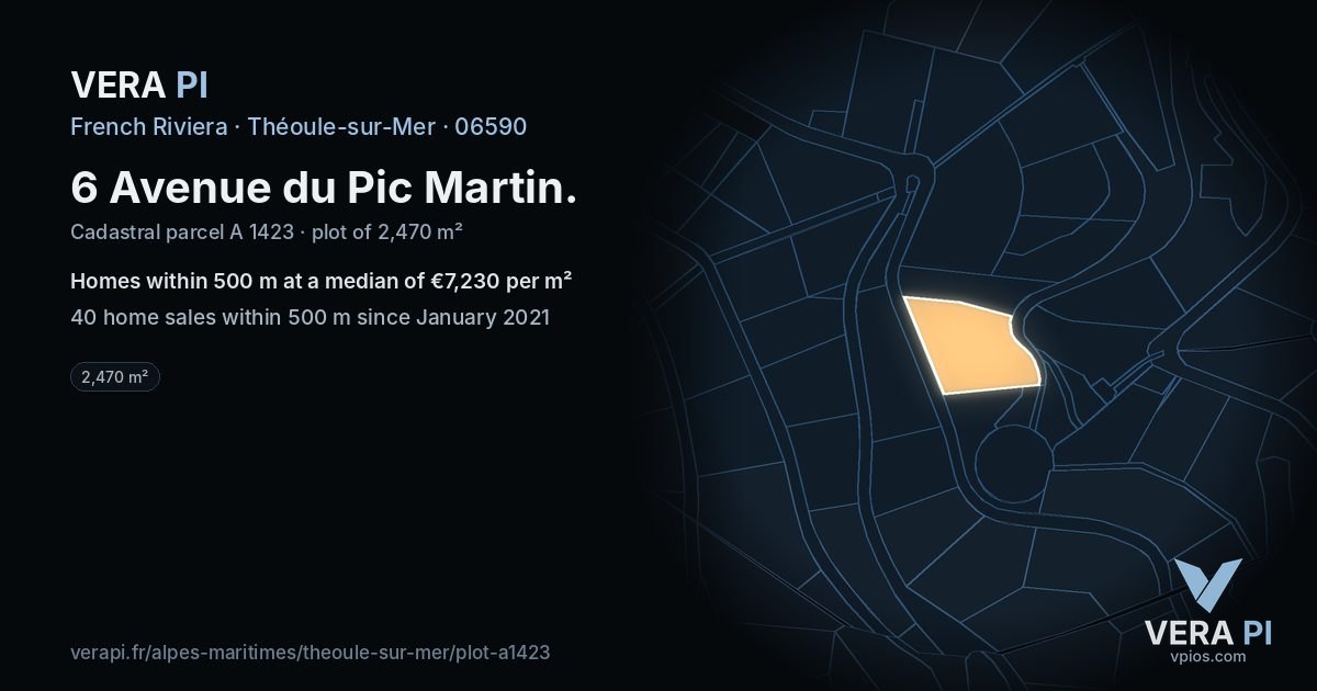 6 Avenue du Pic Martin, Théoule-sur-Mer at night – the plot lit, the parcels around coloured by the prices near them