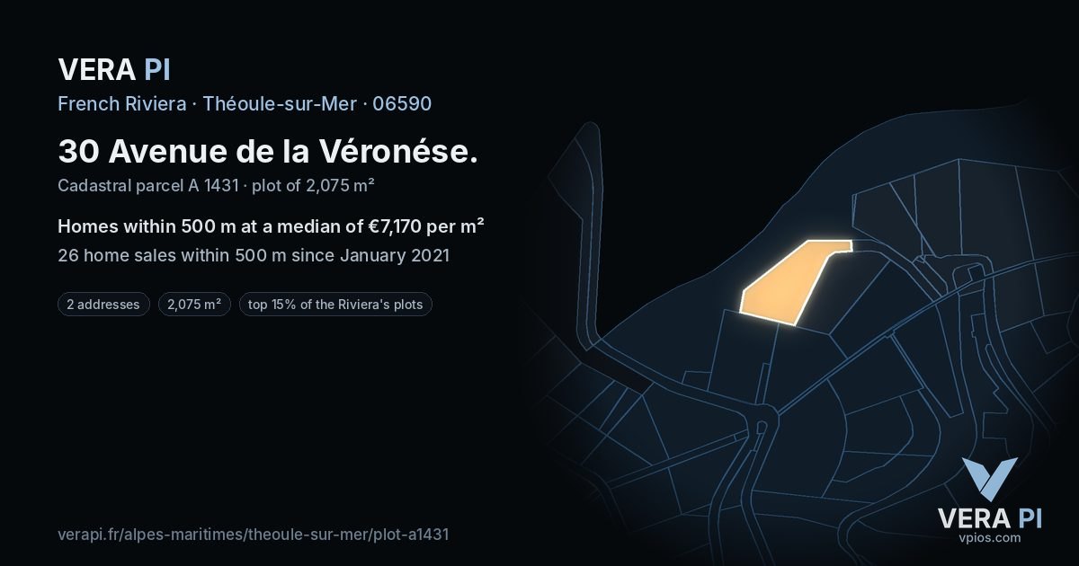 30 Avenue de la Véronése, Théoule-sur-Mer at night – the plot lit, the parcels around coloured by the prices near them