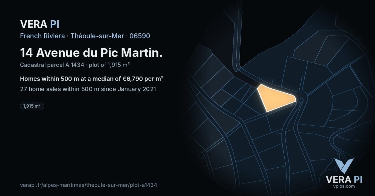 14 Avenue du Pic Martin, Théoule-sur-Mer at night – the plot lit, the parcels around coloured by the prices near them