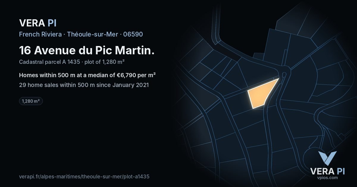 16 Avenue du Pic Martin, Théoule-sur-Mer at night – the plot lit, the parcels around coloured by the prices near them