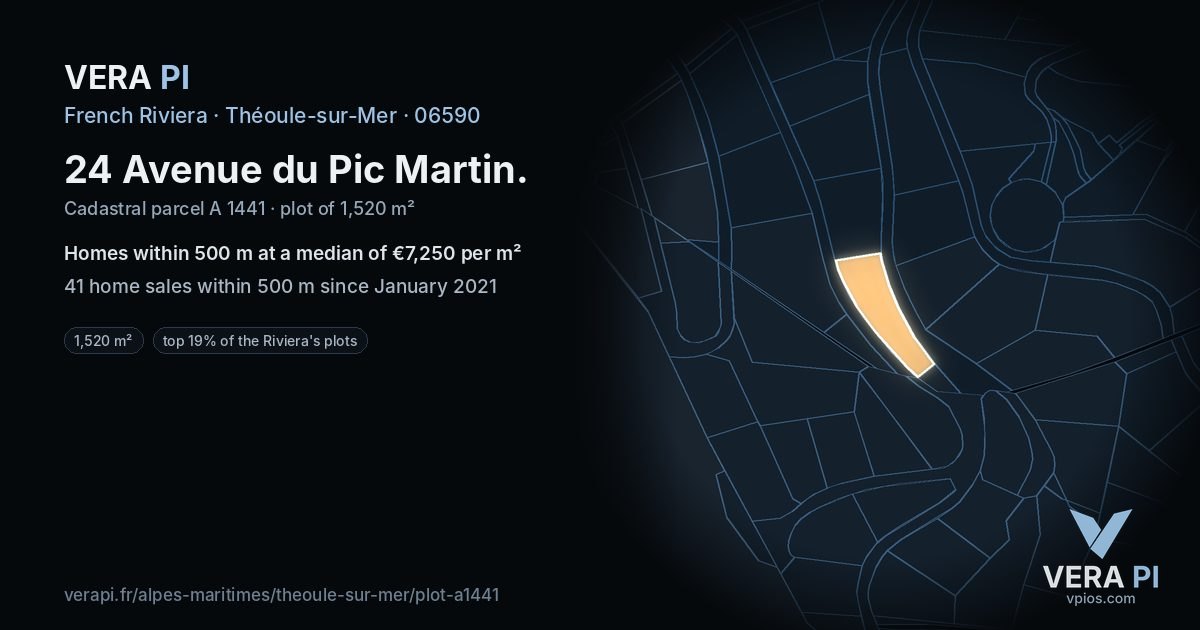 24 Avenue du Pic Martin, Théoule-sur-Mer at night – the plot lit, the parcels around coloured by the prices near them