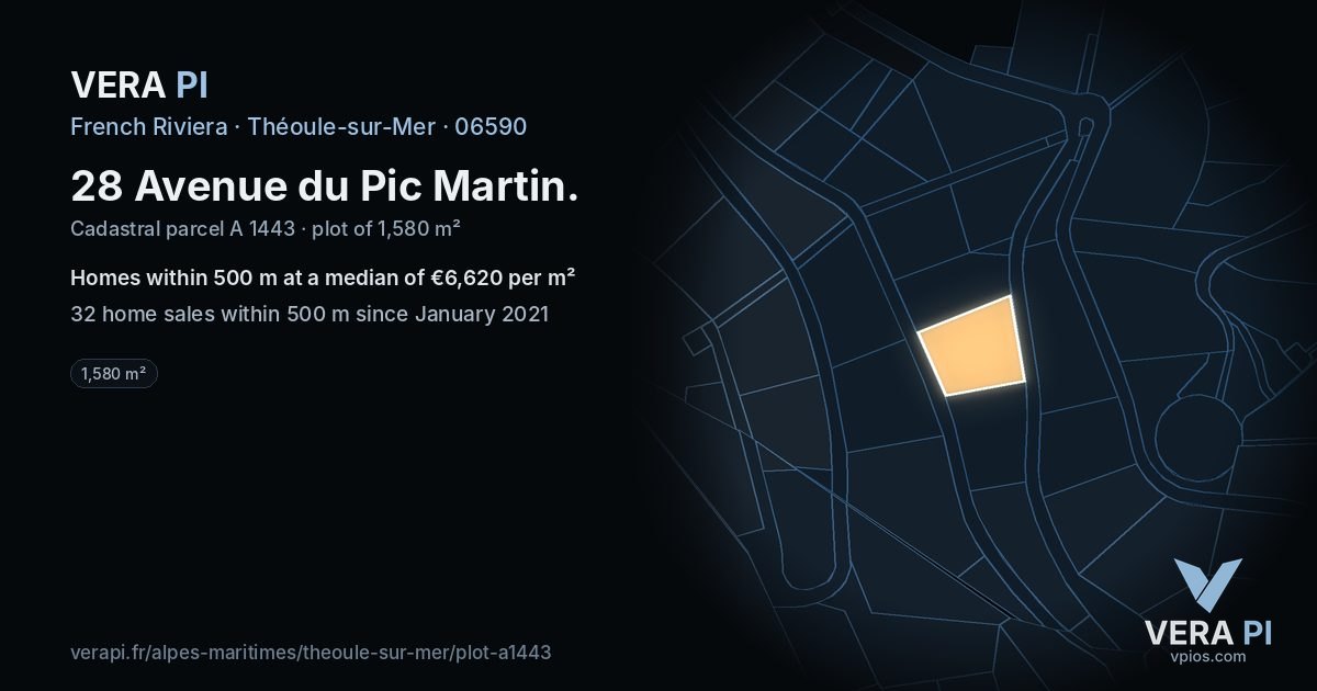 28 Avenue du Pic Martin, Théoule-sur-Mer at night – the plot lit, the parcels around coloured by the prices near them