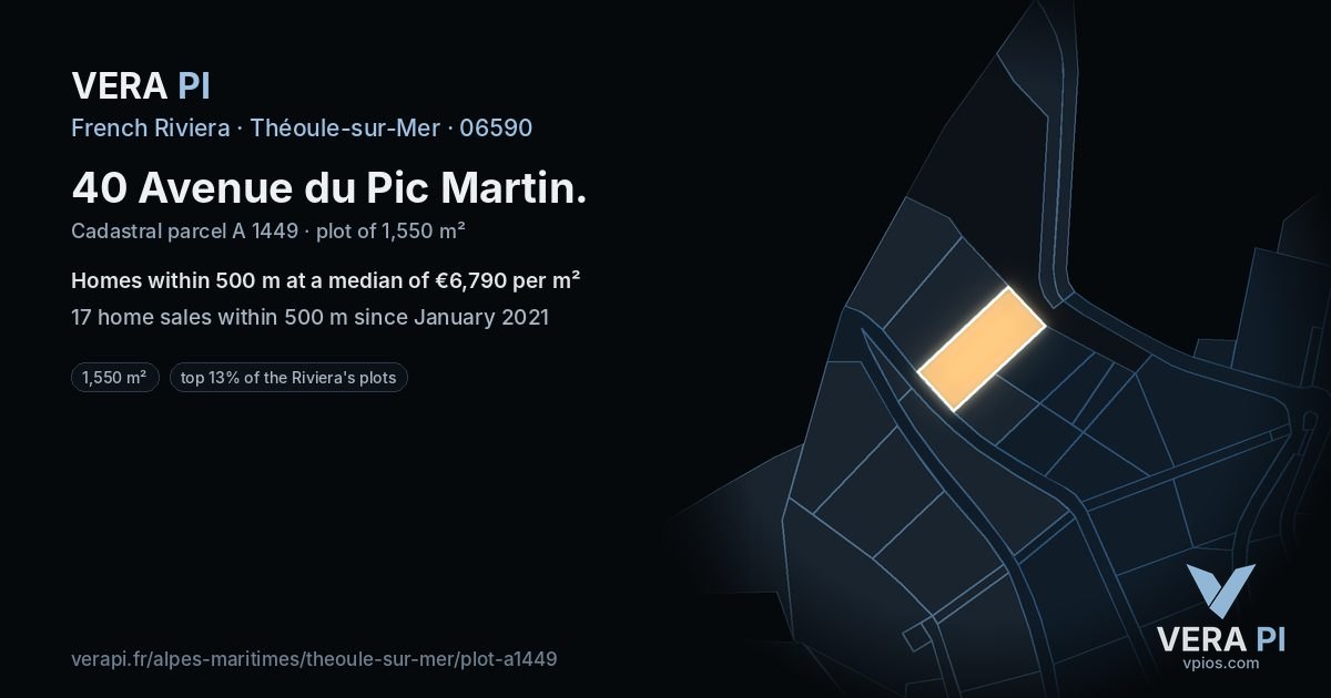 40 Avenue du Pic Martin, Théoule-sur-Mer at night – the plot lit, the parcels around coloured by the prices near them