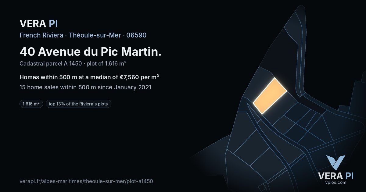 40 Avenue du Pic Martin, Théoule-sur-Mer at night – the plot lit, the parcels around coloured by the prices near them