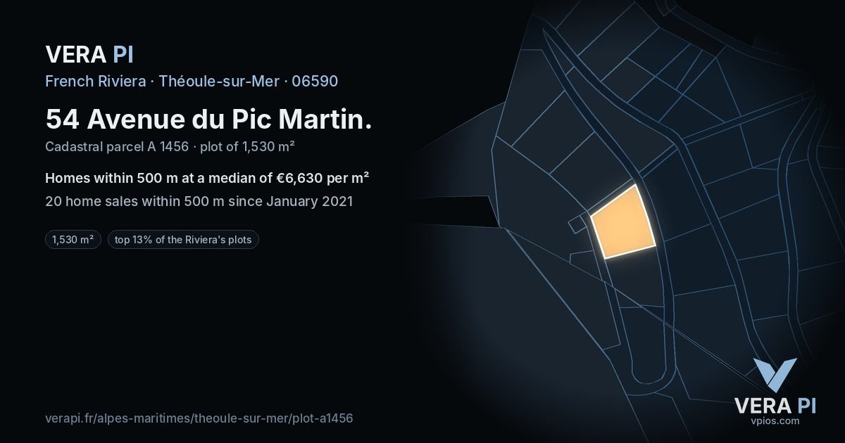 54 Avenue du Pic Martin, Théoule-sur-Mer at night – the plot lit, the parcels around coloured by the prices near them