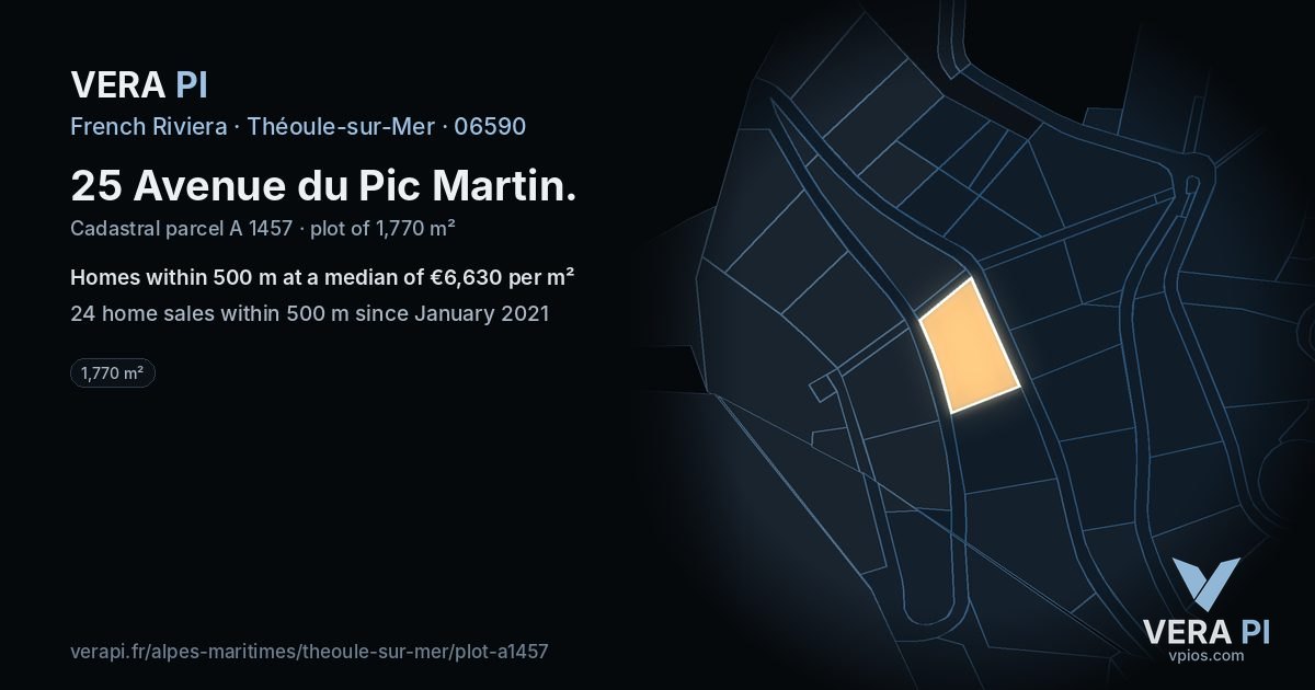 25 Avenue du Pic Martin, Théoule-sur-Mer at night – the plot lit, the parcels around coloured by the prices near them