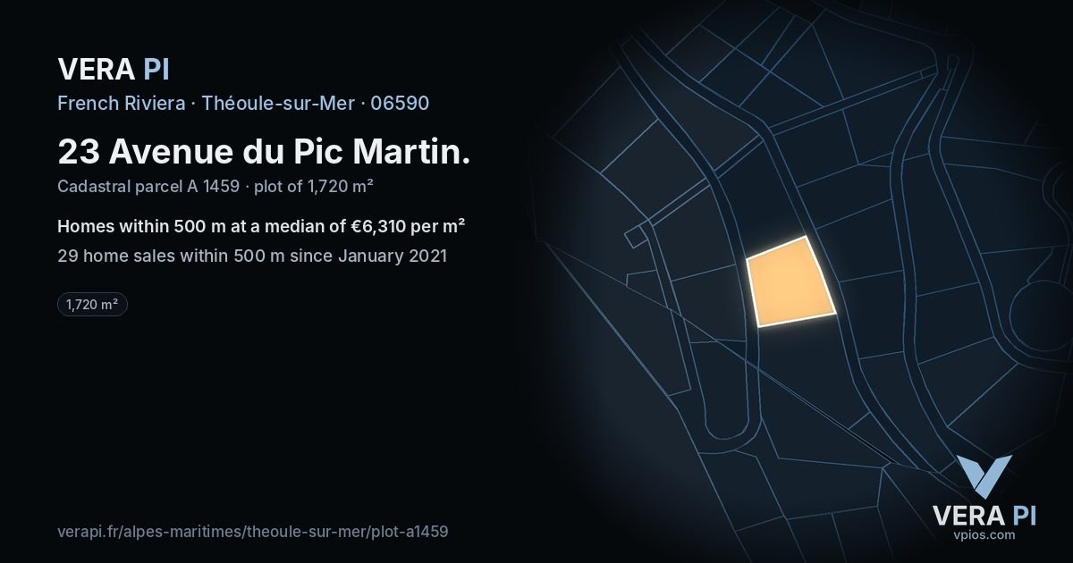 23 Avenue du Pic Martin, Théoule-sur-Mer at night – the plot lit, the parcels around coloured by the prices near them