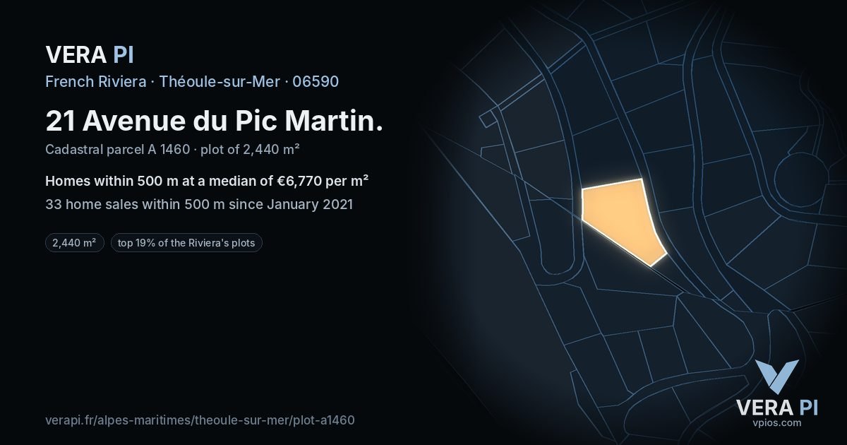 21 Avenue du Pic Martin, Théoule-sur-Mer at night – the plot lit, the parcels around coloured by the prices near them