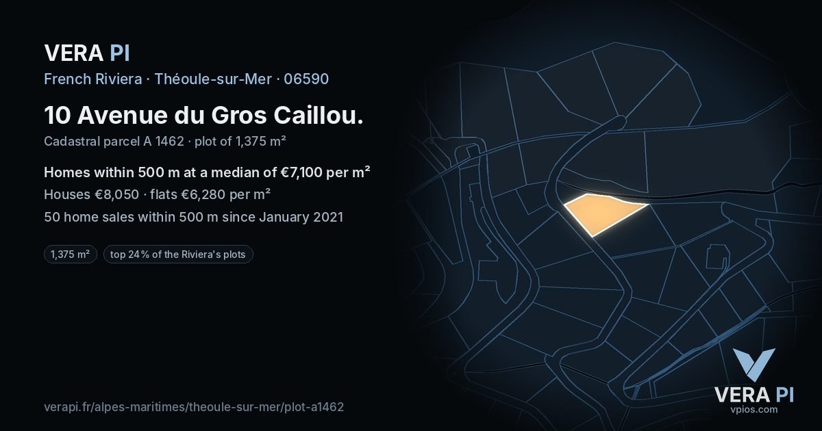 10 Avenue du Gros Caillou, Théoule-sur-Mer at night – the plot lit, the parcels around coloured by the prices near them