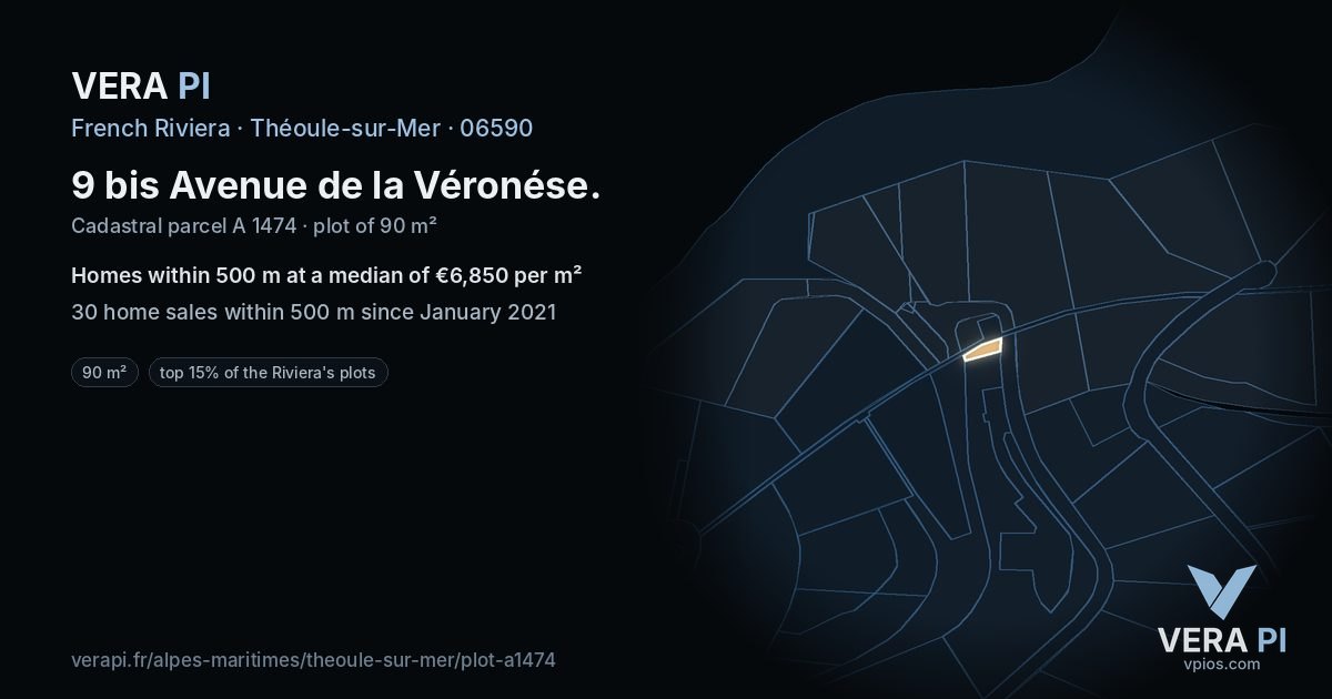 9 bis Avenue de la Véronése, Théoule-sur-Mer at night – the plot lit, the parcels around coloured by the prices near them