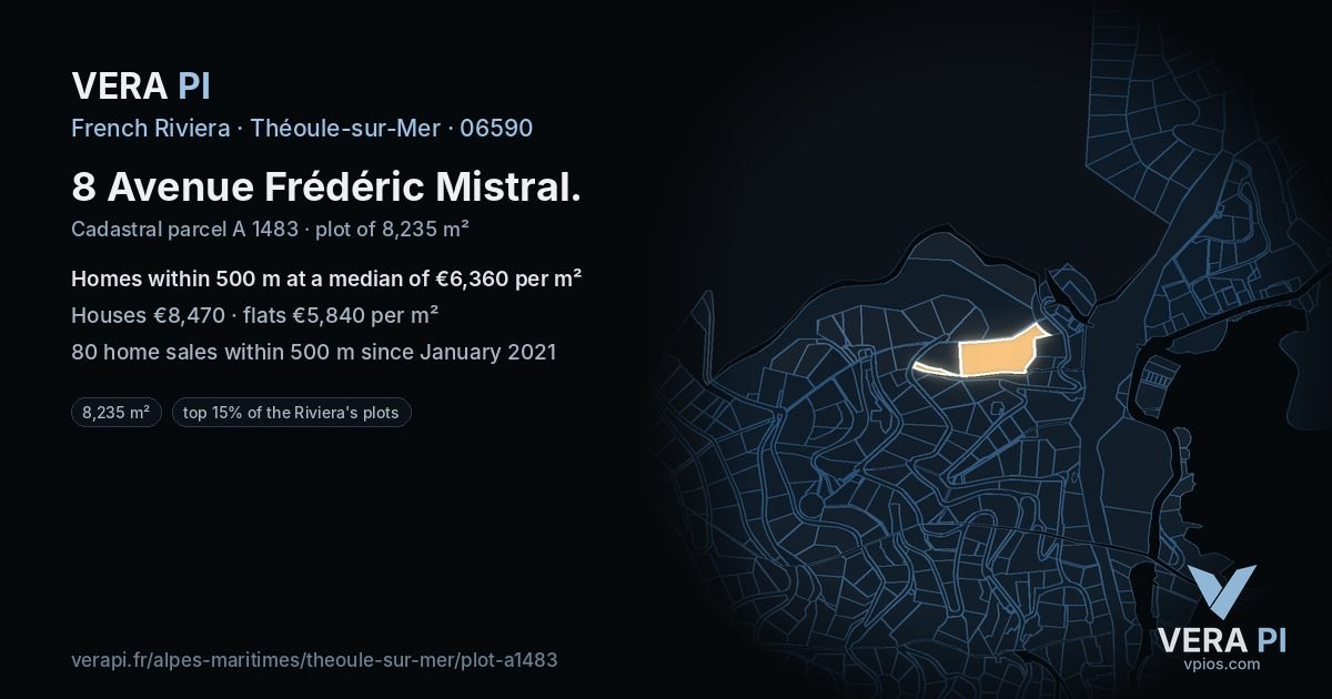 8 Avenue Frédéric Mistral, Théoule-sur-Mer at night – the plot lit, the parcels around coloured by the prices near them