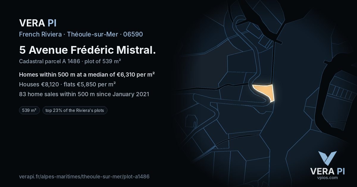 5 Avenue Frédéric Mistral, Théoule-sur-Mer at night – the plot lit, the parcels around coloured by the prices near them