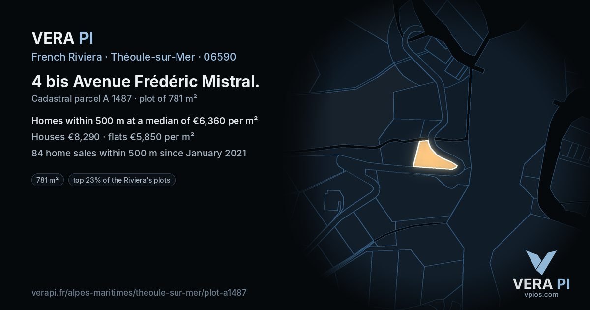 4 bis Avenue Frédéric Mistral, Théoule-sur-Mer at night – the plot lit, the parcels around coloured by the prices near them