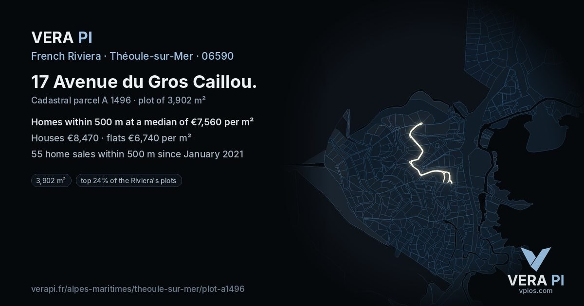 17 Avenue du Gros Caillou, Théoule-sur-Mer at night – the plot lit, the parcels around coloured by the prices near them
