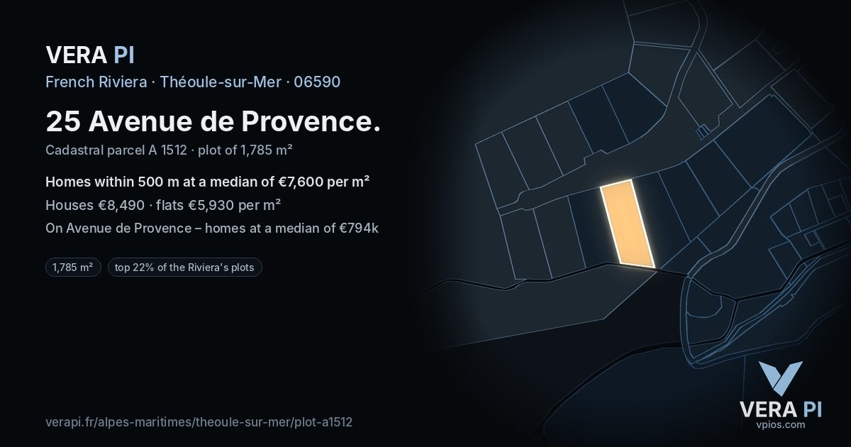 25 Avenue de Provence, Théoule-sur-Mer at night – the plot lit, the parcels around coloured by the prices near them