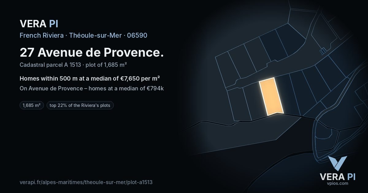 27 Avenue de Provence, Théoule-sur-Mer at night – the plot lit, the parcels around coloured by the prices near them
