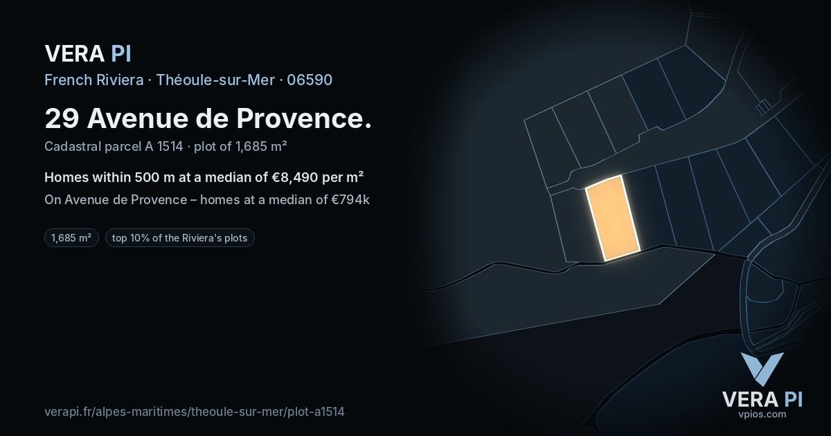 29 Avenue de Provence, Théoule-sur-Mer at night – the plot lit, the parcels around coloured by the prices near them