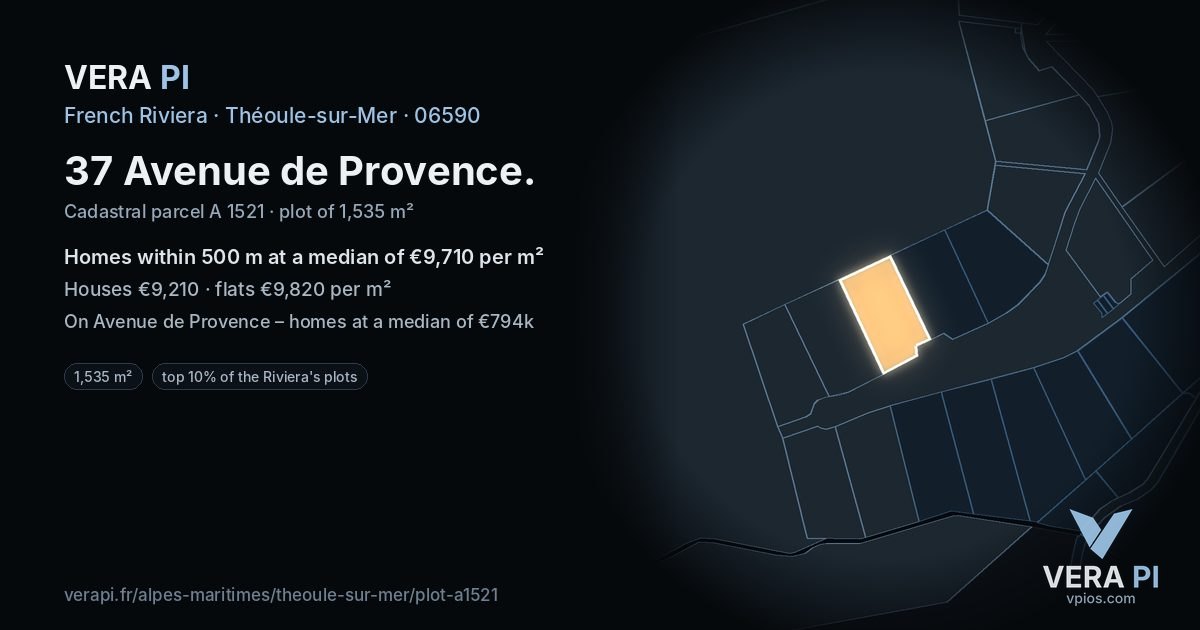 37 Avenue de Provence, Théoule-sur-Mer at night – the plot lit, the parcels around coloured by the prices near them