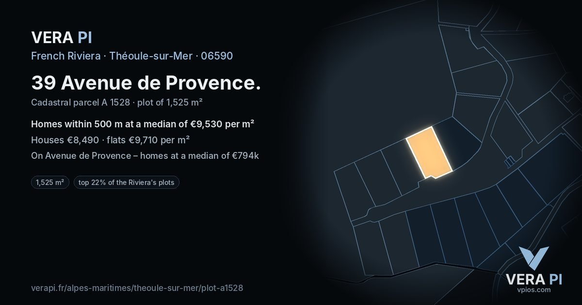 39 Avenue de Provence, Théoule-sur-Mer at night – the plot lit, the parcels around coloured by the prices near them