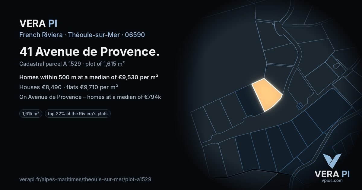 41 Avenue de Provence, Théoule-sur-Mer at night – the plot lit, the parcels around coloured by the prices near them