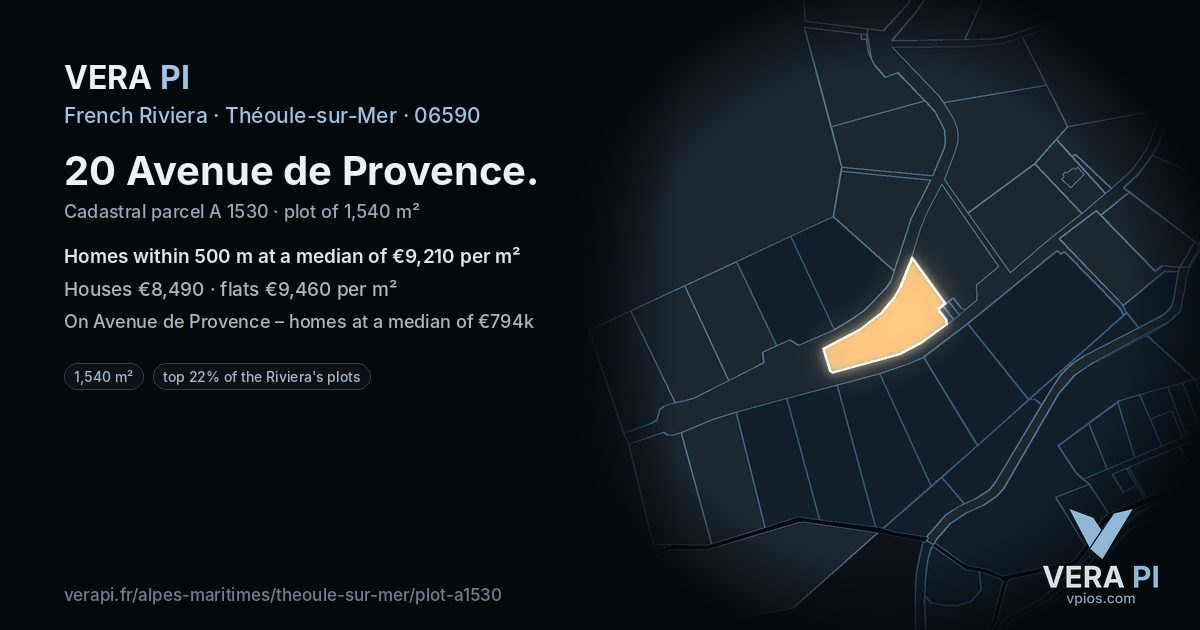 20 Avenue de Provence, Théoule-sur-Mer at night – the plot lit, the parcels around coloured by the prices near them