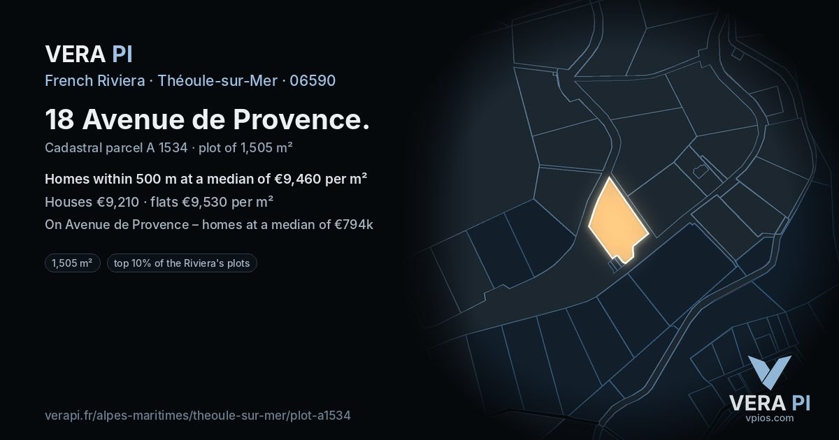 18 Avenue de Provence, Théoule-sur-Mer at night – the plot lit, the parcels around coloured by the prices near them