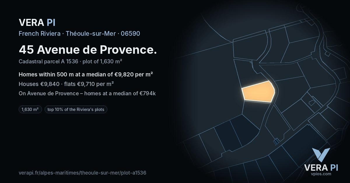 45 Avenue de Provence, Théoule-sur-Mer at night – the plot lit, the parcels around coloured by the prices near them
