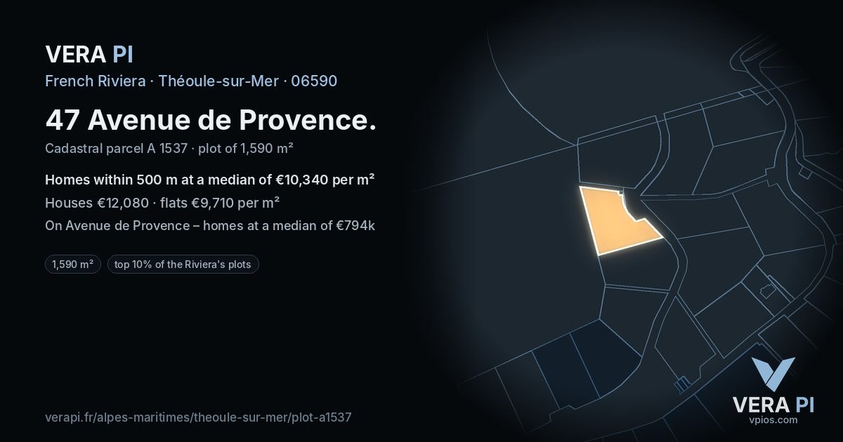 47 Avenue de Provence, Théoule-sur-Mer at night – the plot lit, the parcels around coloured by the prices near them