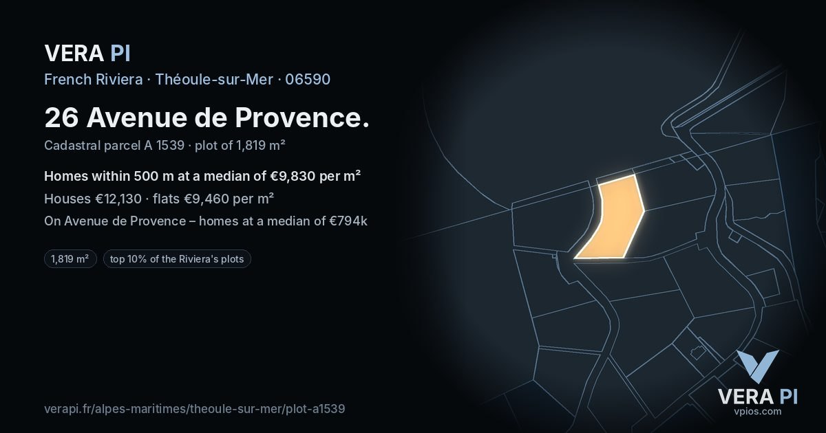 26 Avenue de Provence, Théoule-sur-Mer at night – the plot lit, the parcels around coloured by the prices near them