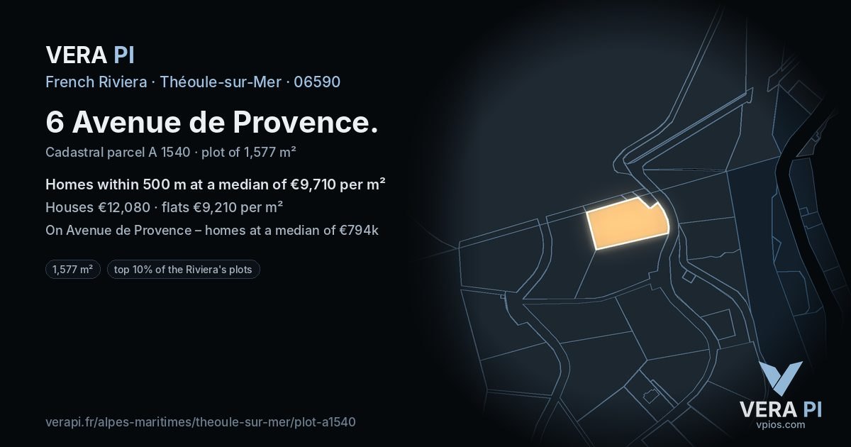 6 Avenue de Provence, Théoule-sur-Mer at night – the plot lit, the parcels around coloured by the prices near them