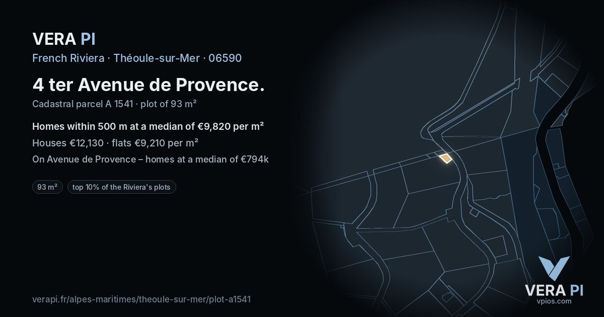 4 ter Avenue de Provence, Théoule-sur-Mer at night – the plot lit, the parcels around coloured by the prices near them