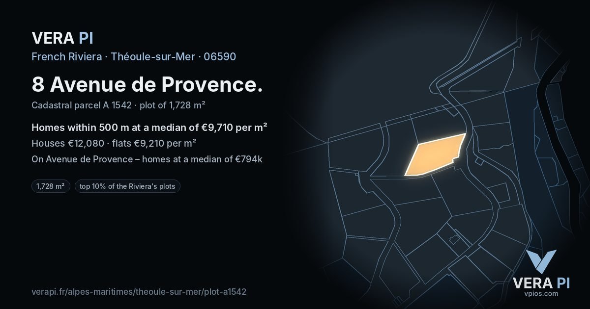 8 Avenue de Provence, Théoule-sur-Mer at night – the plot lit, the parcels around coloured by the prices near them