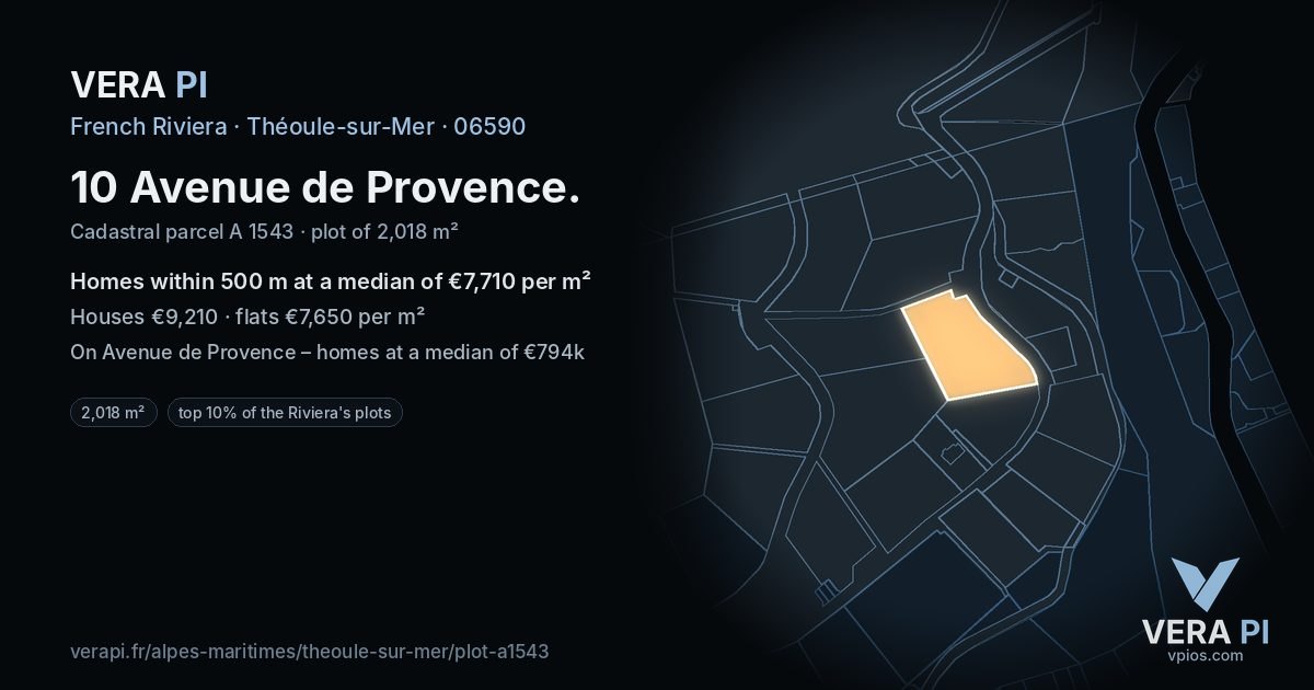 10 Avenue de Provence, Théoule-sur-Mer at night – the plot lit, the parcels around coloured by the prices near them