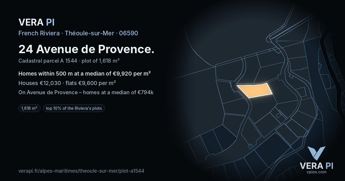 24 Avenue de Provence, Théoule-sur-Mer at night – the plot lit, the parcels around coloured by the prices near them
